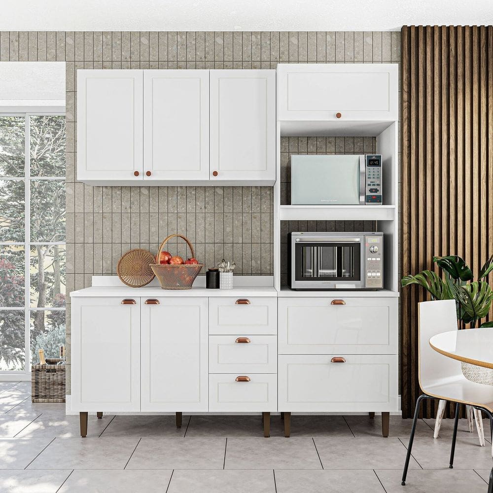 Cozinha Pérola com Tampo Completa 3 Peças Aéreo 3 Portas e Balcão 2 Gavetas 3 Portas e Torre Quente Branco