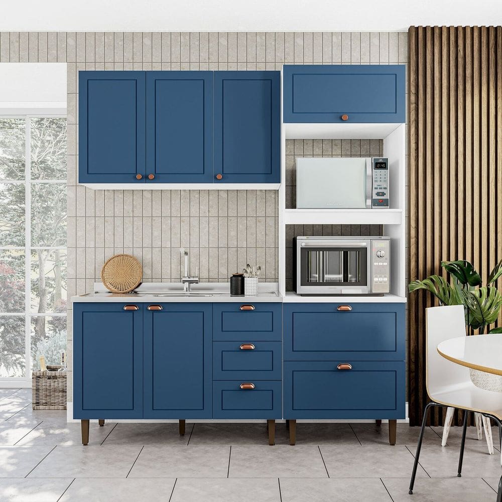Cozinha Pérola Completa 3 Peças Aéreo 3 Portas e Balcão 2 Gavetas 3 Portas e Torre Quente Yescasa Branco/Azul