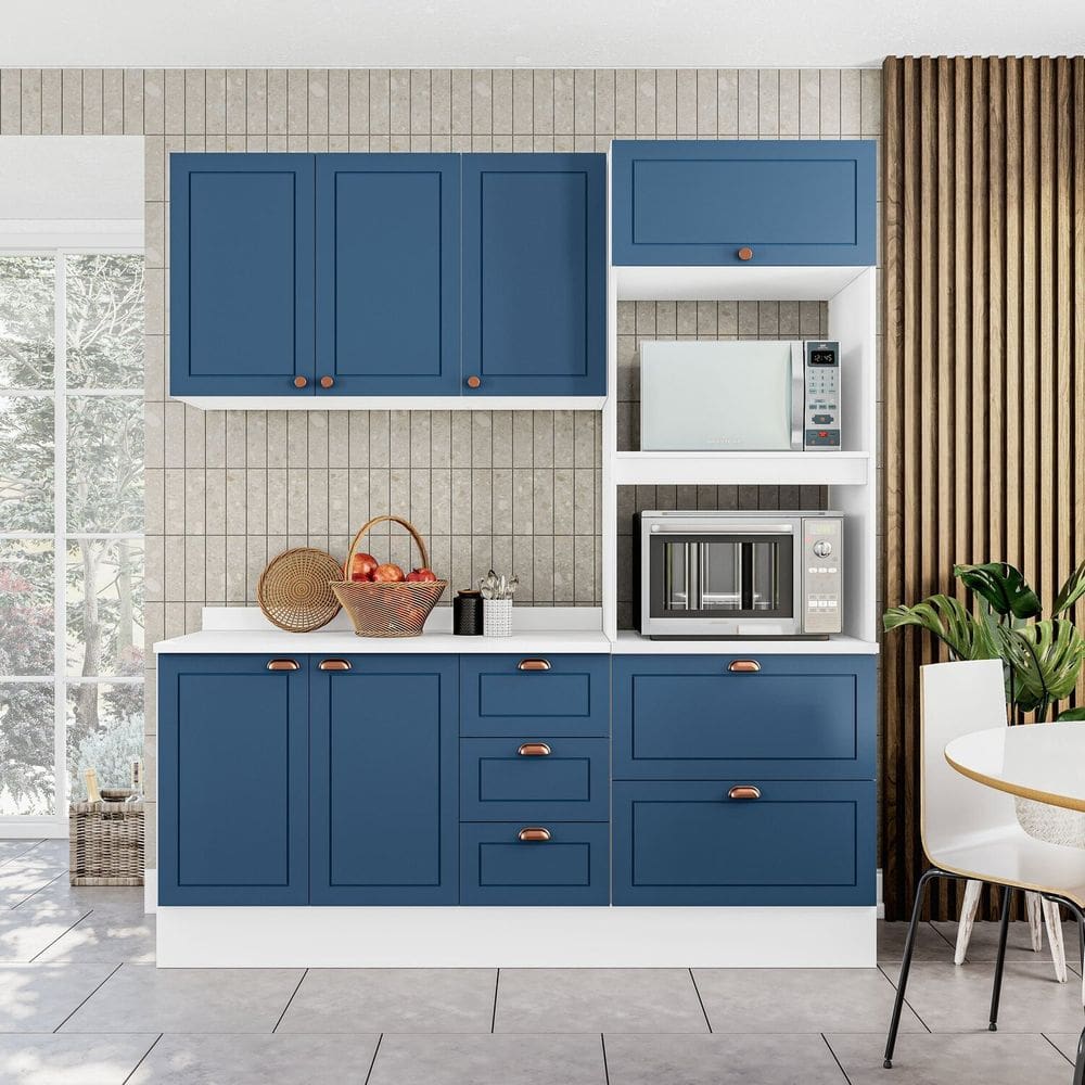 Cozinha Pérola com Rodapé e Tampo 3 Peças Aéreo 3 Portas e Balcão 2 Gavetas 3 Portas e Torre Quente Branco/Azul