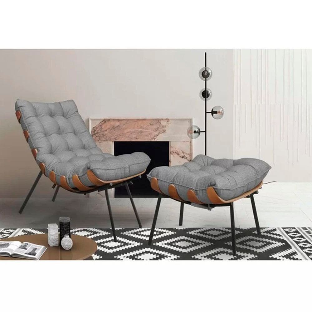 Poltrona Costela de Adão com Puff Tecido Linho Cinza