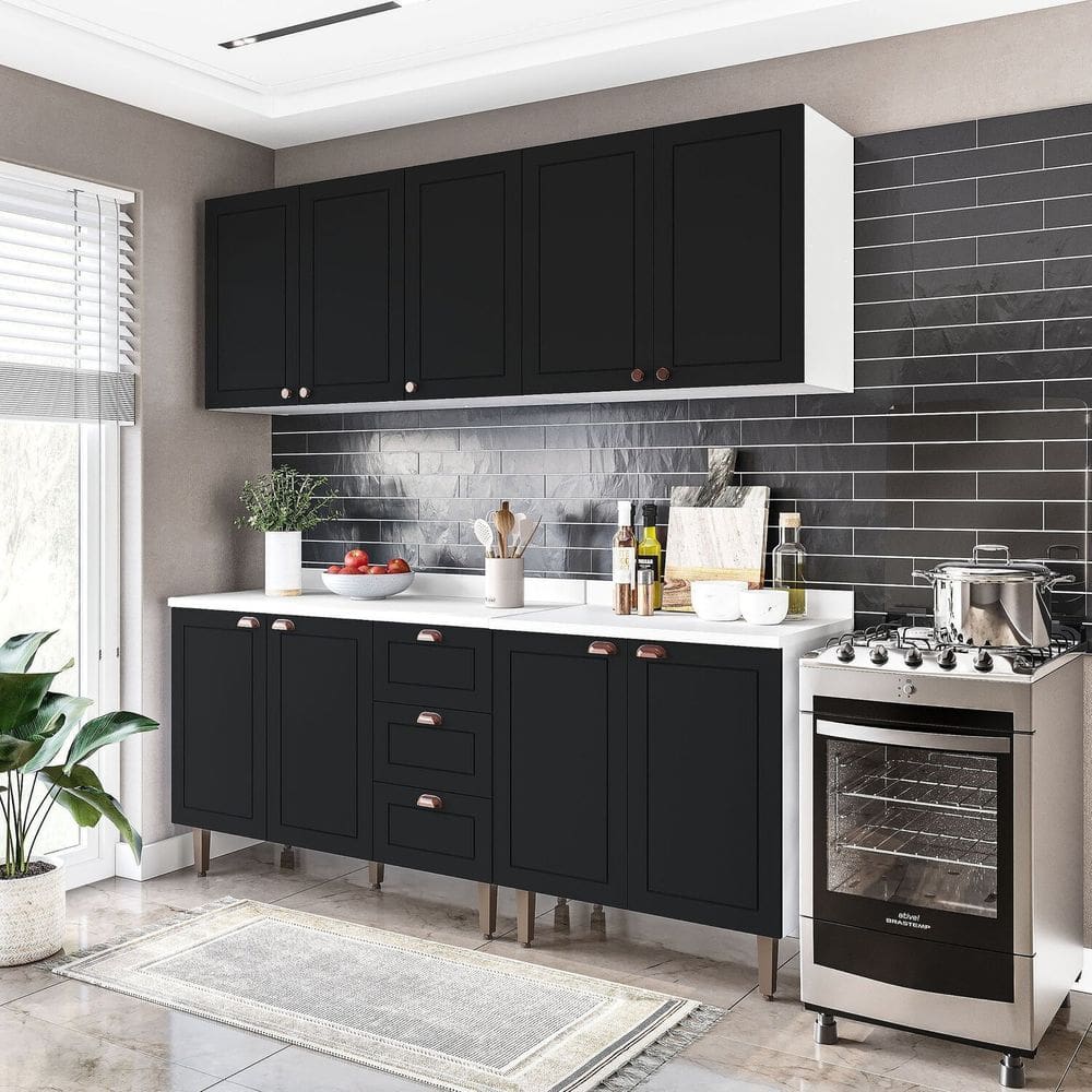 Cozinha Pérola com Tampo 4 Peças Aéreos com 5 Portas, Balcão 2 Gavetas 3 Portas e Balcão 2 Portas Ye Branco/Preto