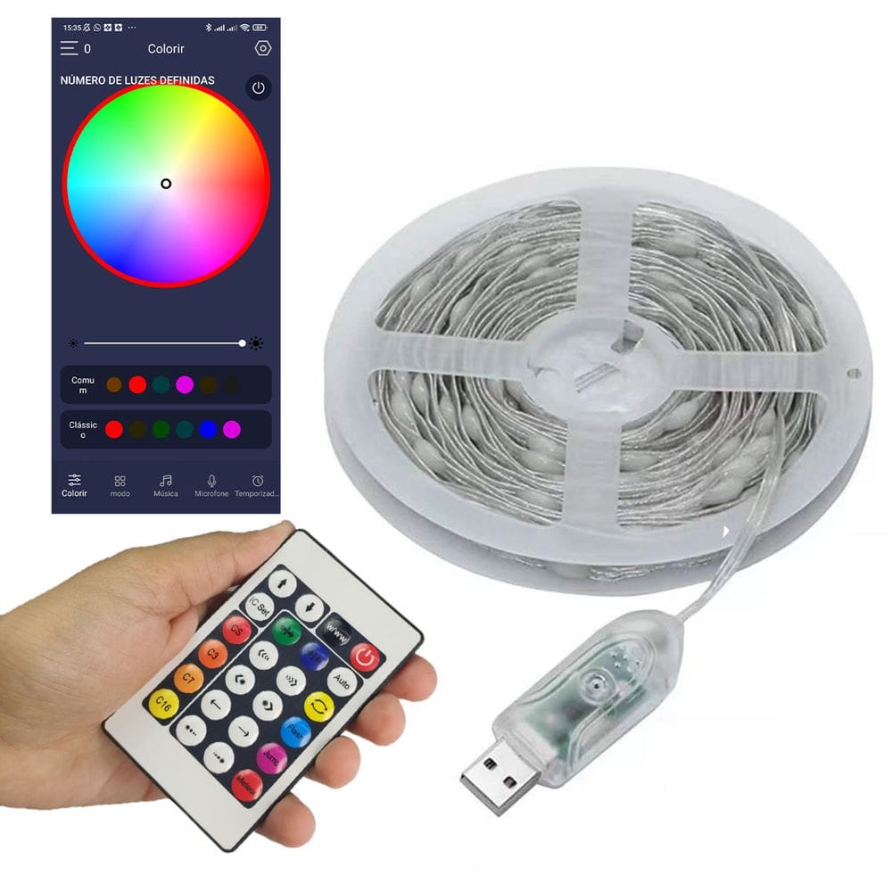 Fita Led Aplicativo Smart Aplicativo Celular Cores RGB App Ajustavel Natal Gesso Arvore Sanca Mesa Escada Festa Pisca Pisca