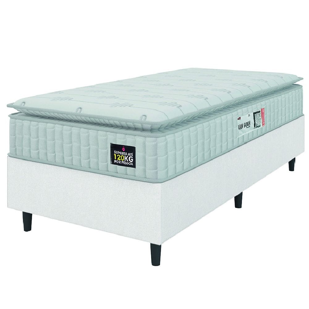 Cama Box Solteiro Colchão Espuma D33 Pillow Top Van Gogh 88x188x62cm Branco Hellen-Suporta Até 120kg por Pessoa