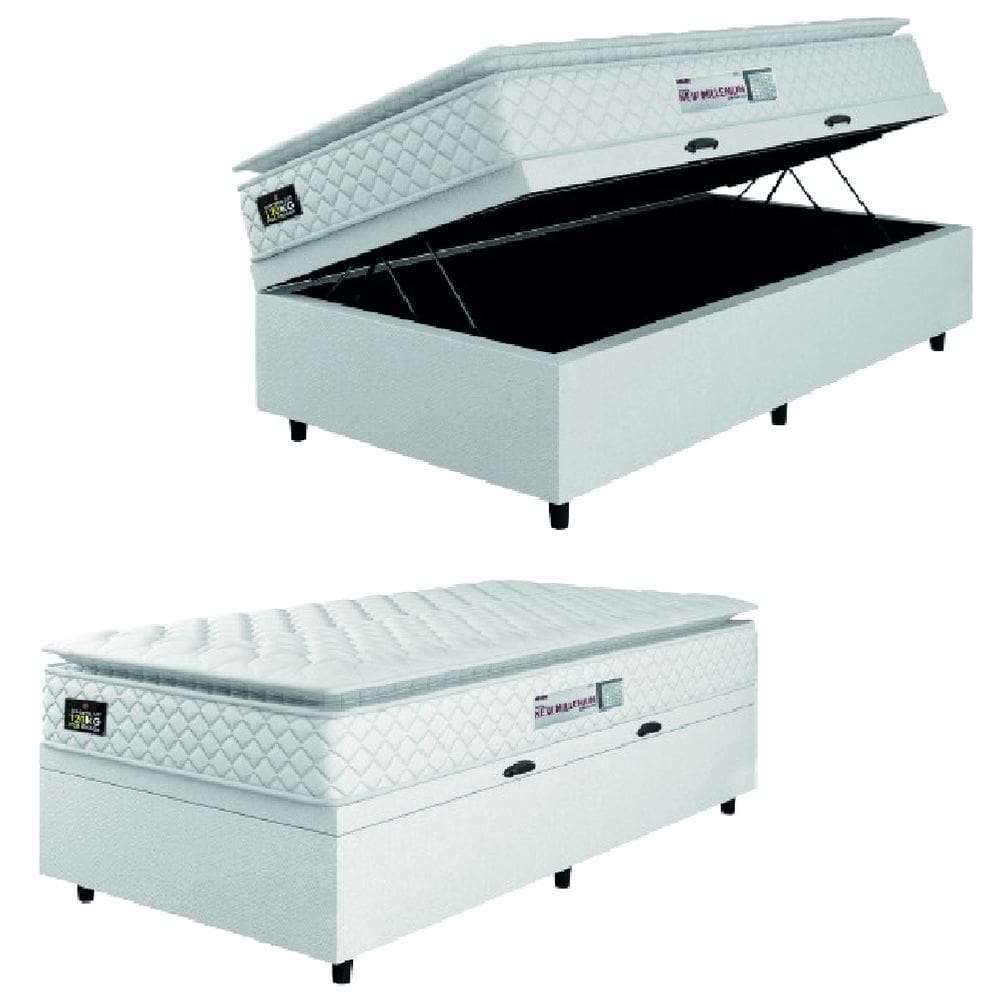 Cama Box Baú Solteiro Colchão Espuma D33 Pillow Top New Millenium 88x188x60cm Branco Hellen – Suporta Até 120 Kg Por Pessoa