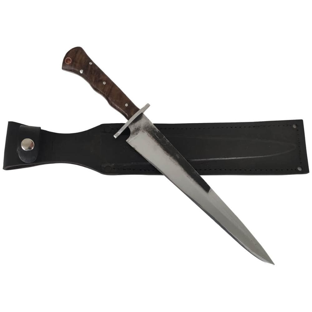 Faca Javalizeira Artesanal Full Tang 10" Aço Carbono 5160 Cabo de Madeira e Bainha de Couro D`Avila