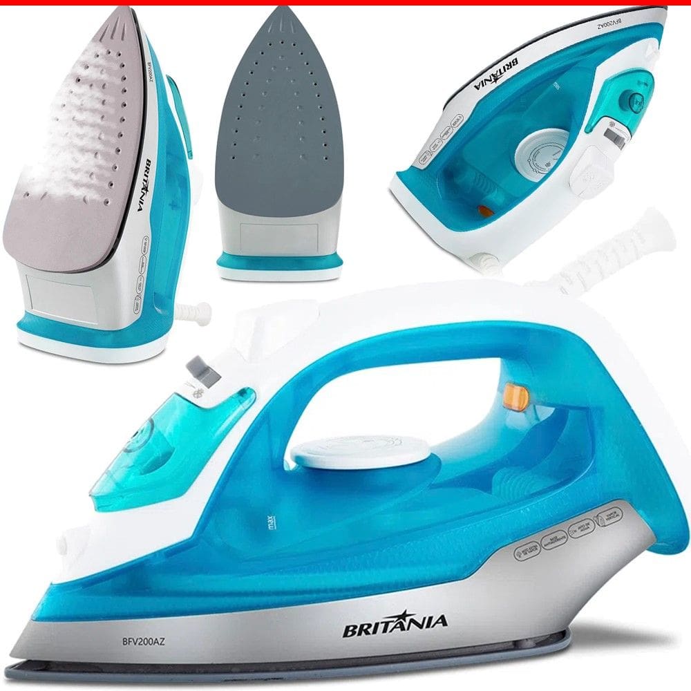 Ferro de Passar Roupa Britania A Vapor 1200w BFV200AZ Passa no cabide Azul Antiaderente