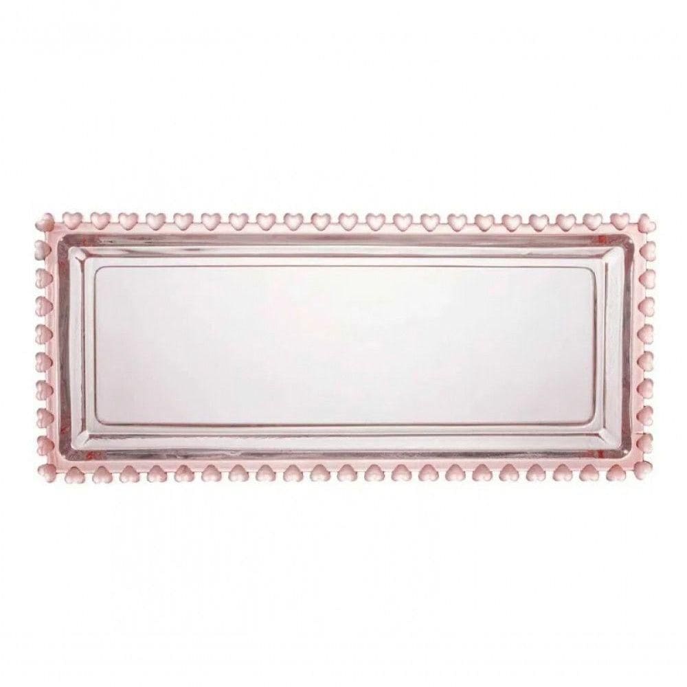 Travessa Retangular 30 Cm De Cristal Borda Coração Rosa Lyor