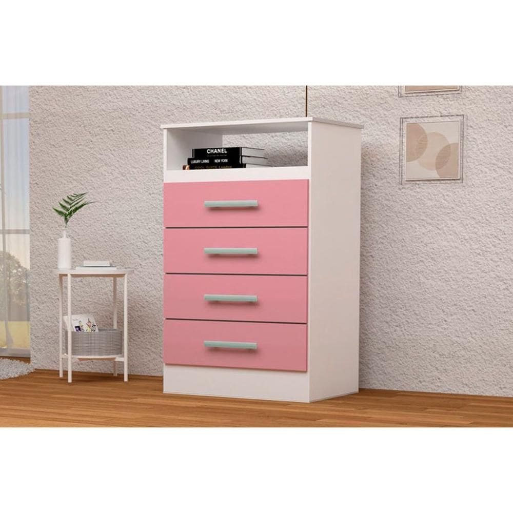 Cômoda de Quarto Jéssica c/ 1 Nicho e 4 Gavetas Flex Branco/Rosa ou Azul - ACP