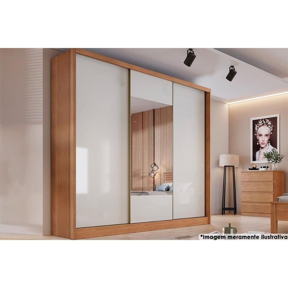 Guarda Roupas 3 Portas de Correr e 6 Gavetas c/Espelho Arezzo Plus Freijo Cumaru c/ Fendi - Novo Horizonte