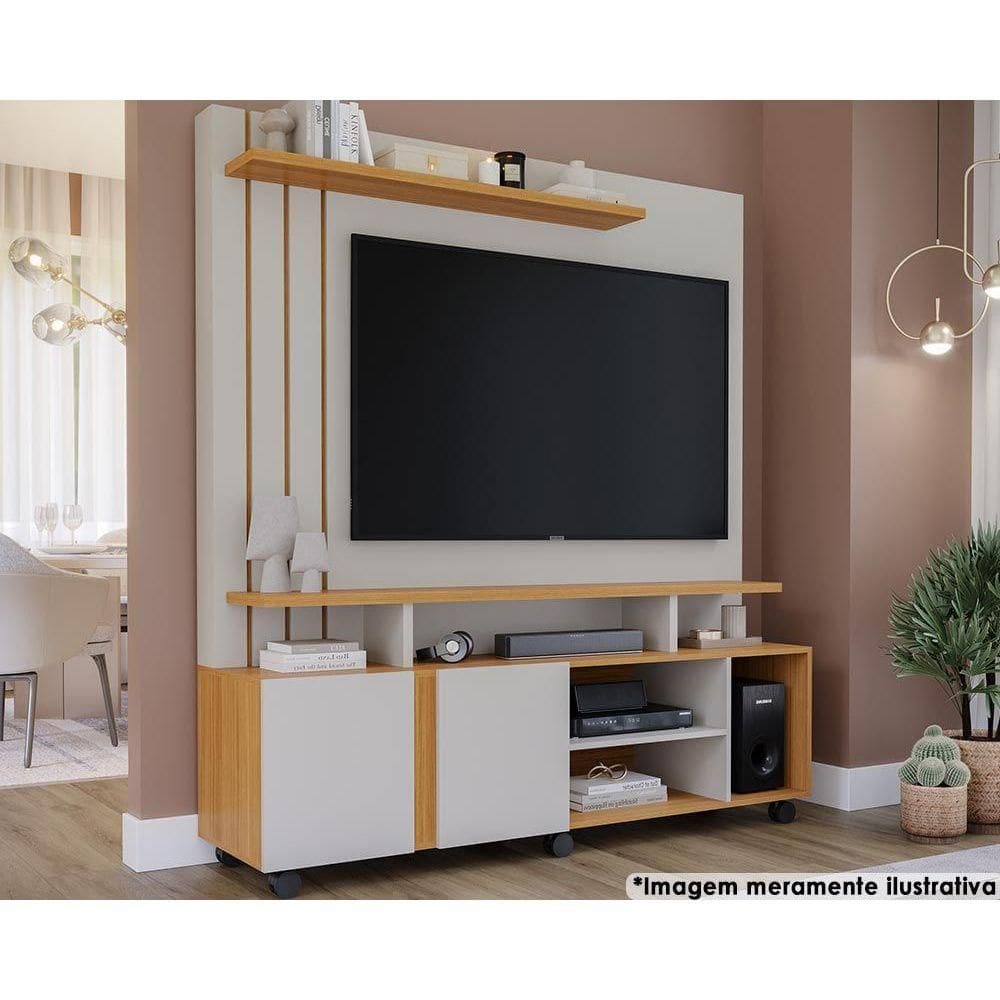Home p/ TV até 55 Pol Valência c/ 2 Portas e Rodízios 160x182cm Off White/Nature - Permóbili