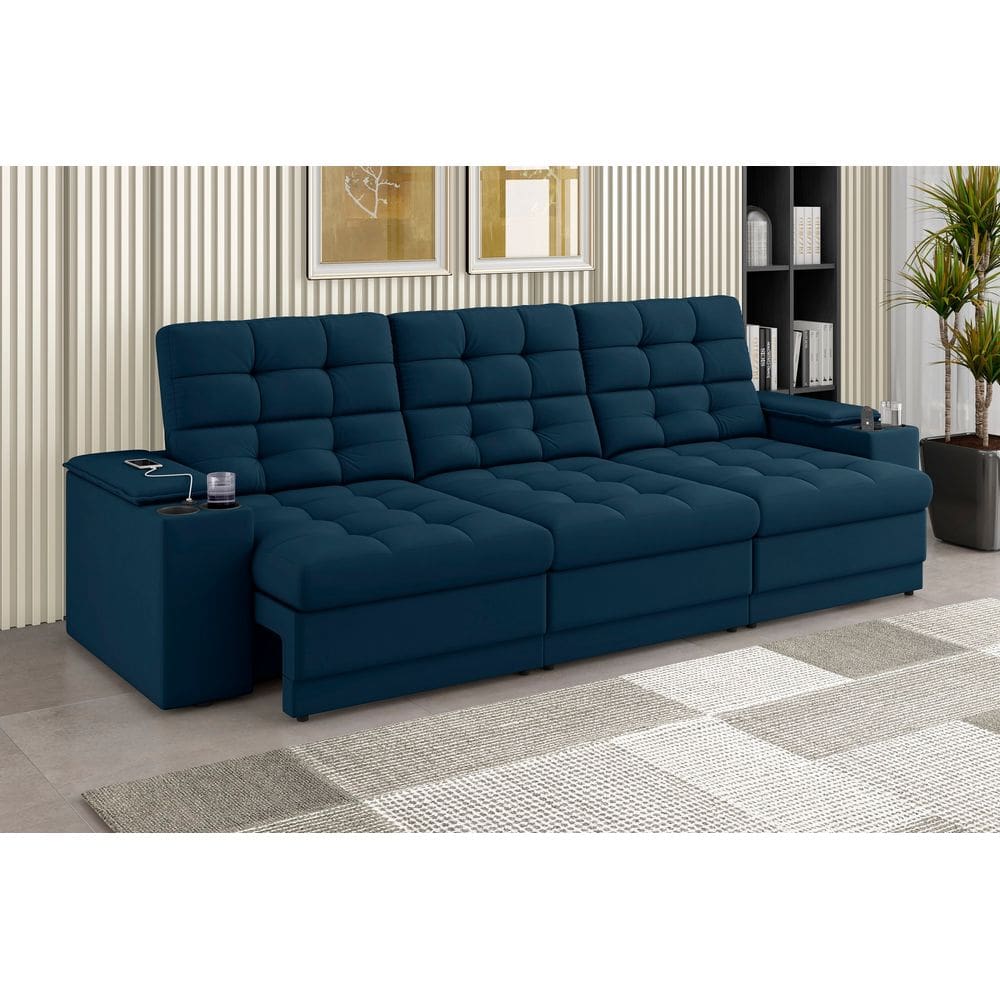 Sofá Confort Premium 2,30m Assento Retrátil/Reclinável porta copos e USB Suede Petróleo - XFlex Sofas