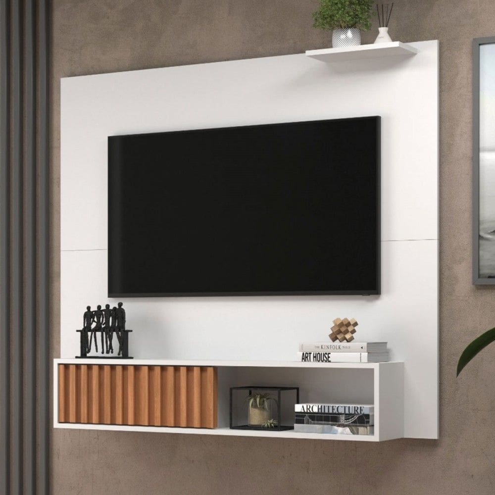 Painel para TV Até 55 Polegadas Tucson 1 Porta Ripado Branco/Freijó - Jcarvalho
