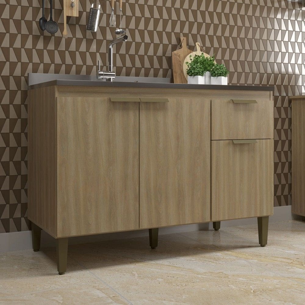 Balcão de Cozinha para Pia 120 Cm Ana 2 Portas 3 Gavetas Dourado - Jcarvalho