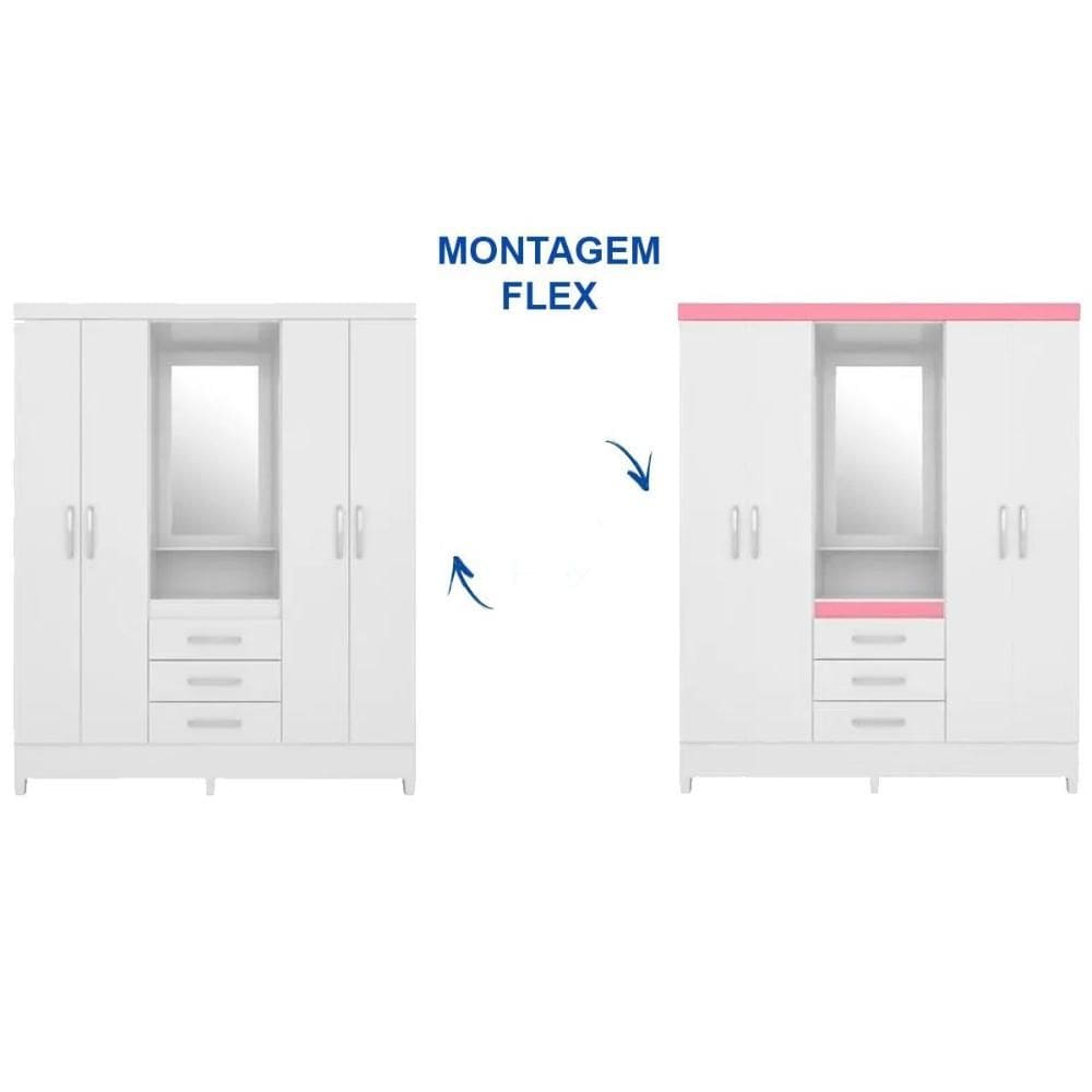 Guarda Roupa Solteiro 4 Portas e 3 Gavetas c/ 1 Espelho Capelinha Persia Flex Branco/Branco ou Rosa - Demóbile