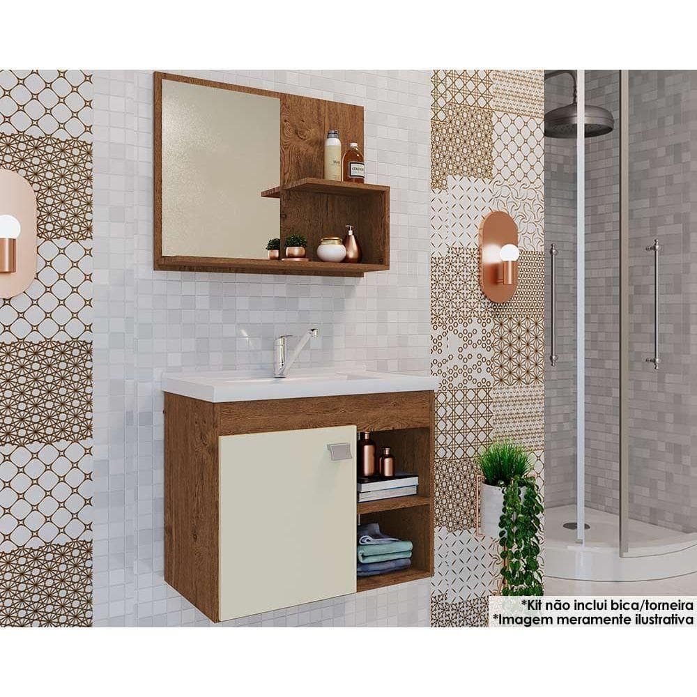 Balcão p/ Banheiro Suspenso Lótus Bia 1Pta e 2Nichos +Armário Espelheira +Bancada Pia 55cm cor Amendoa/Off White - MGM
