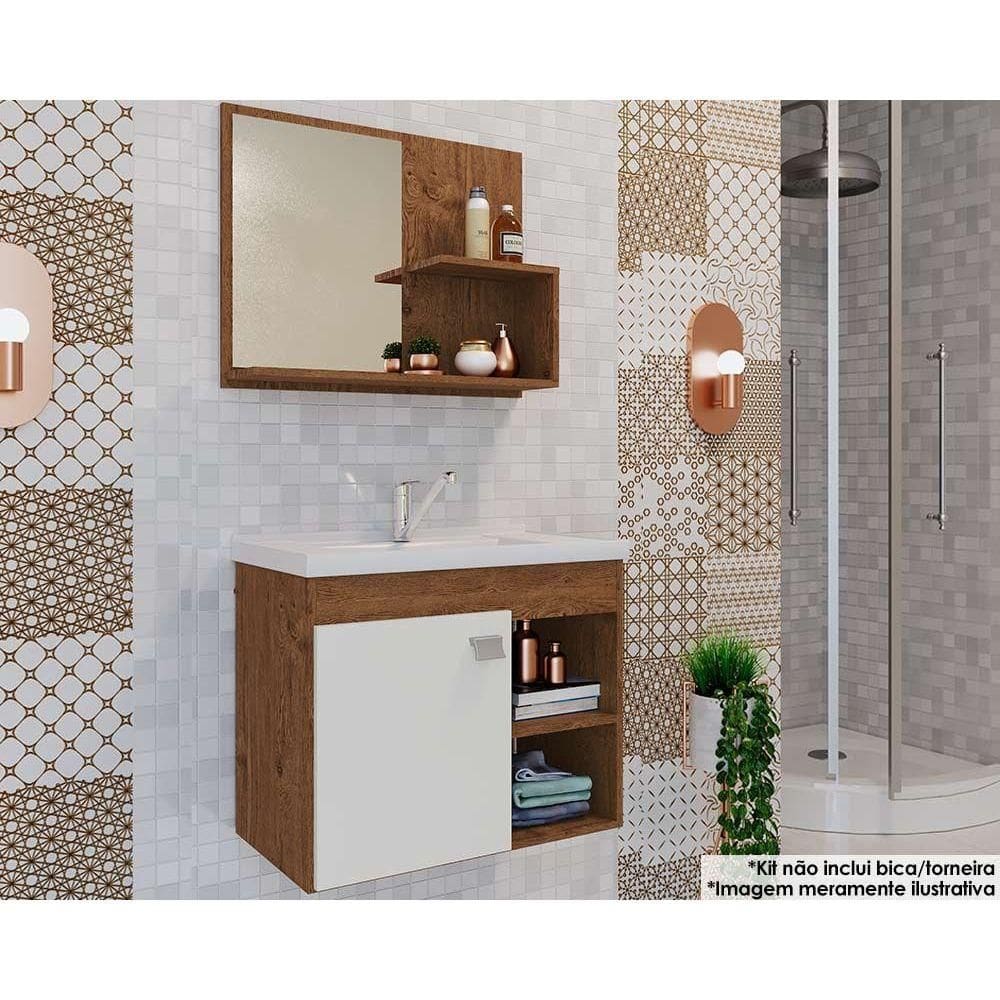 Balcão p/ Banheiro Suspenso Lótus Bia 1Pta e 2Nichos +Armário Espelheira +Bancada Pia 55cm cor Amendoa/Branco - MGM