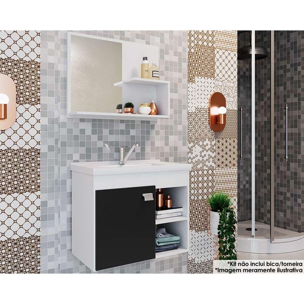 Balcão p/ Banheiro Suspenso Lótus Bia 1Pta e 2Nichos +Armário Espelheira +Bancada Pia 55cm cor Branco/Preto - MGM