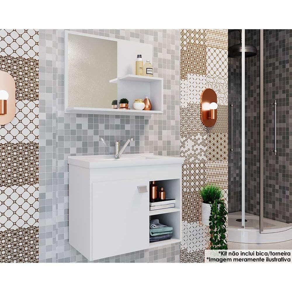 Balcão p/ Banheiro Suspenso Lótus Bia 1Pta e 2Nichos +Armário Espelheira +Bancada Pia 55cm cor Branco - MGM
