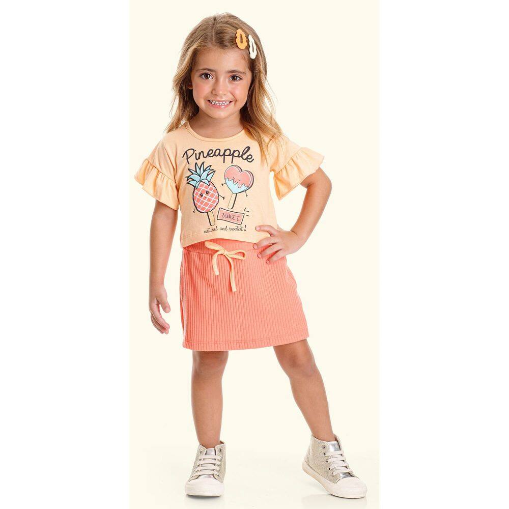 Conjunto Infantil Menina Cropped e Short Saia Salmão Verão