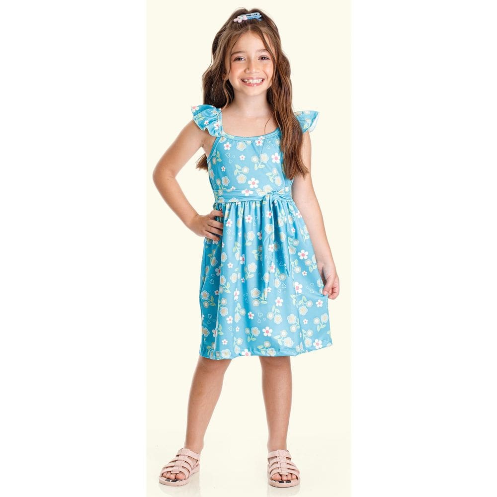 Vestido Menina Azul Soltinho com Estampa de Florzinhas Verão