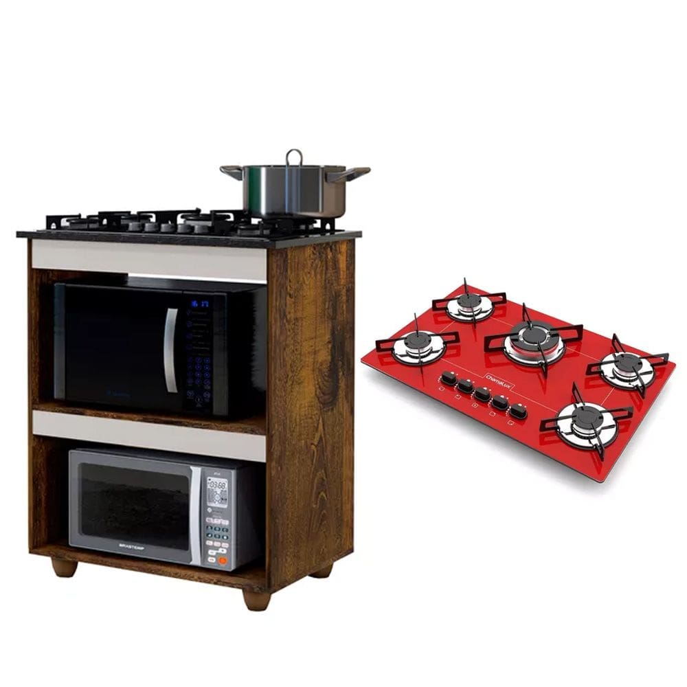Kit Balcão Para Cooktop Cozinha Kaiki Turim Ypê/Off White Com Fogão Cooktop 5 Bocas Tripla Chama Vermelho