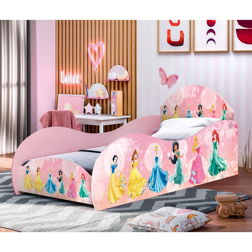 Cama Carruagem Solteiro Princesas Rosa Com Proteção Lateral Mdf - Rosa