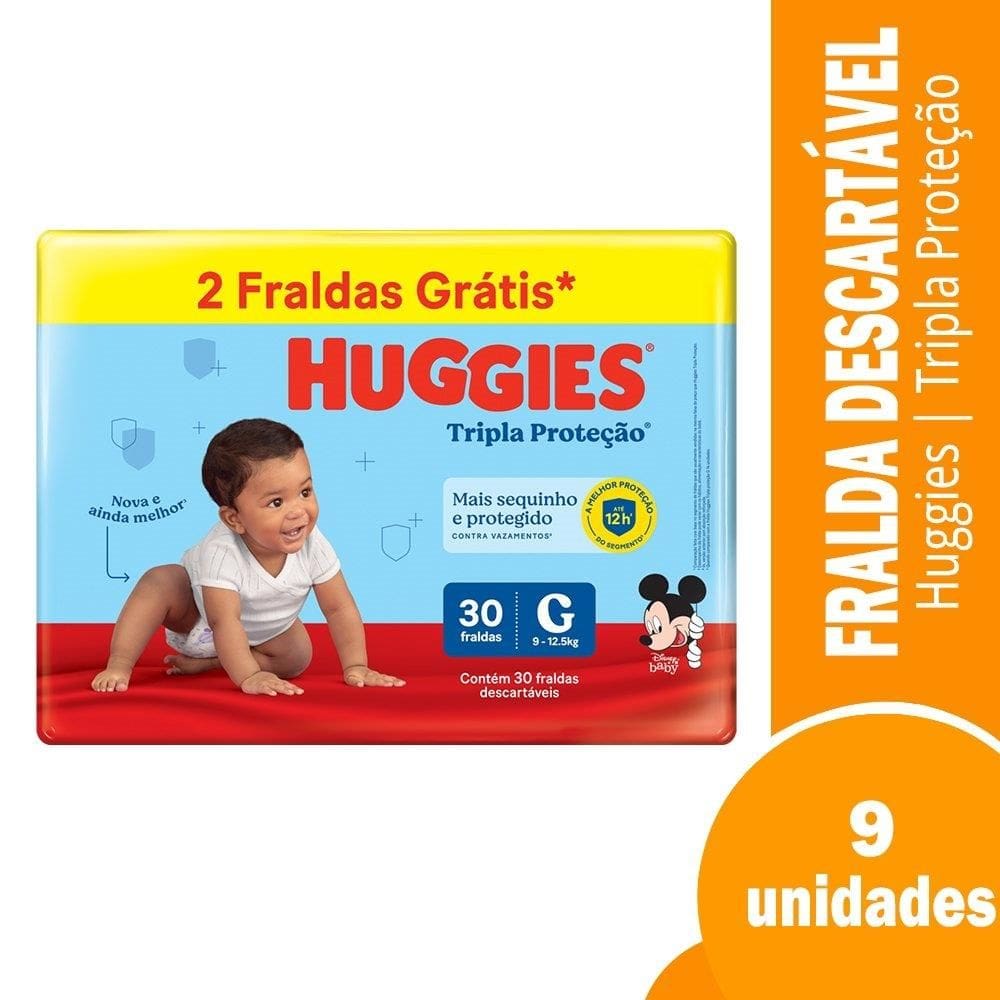 Fralda Descartável Huggies Tripla Proteção Mega Tamanho G - 9 Pacotes com 30 Fraldas - Tot 270 Trs| Leve 2 Trs Grts