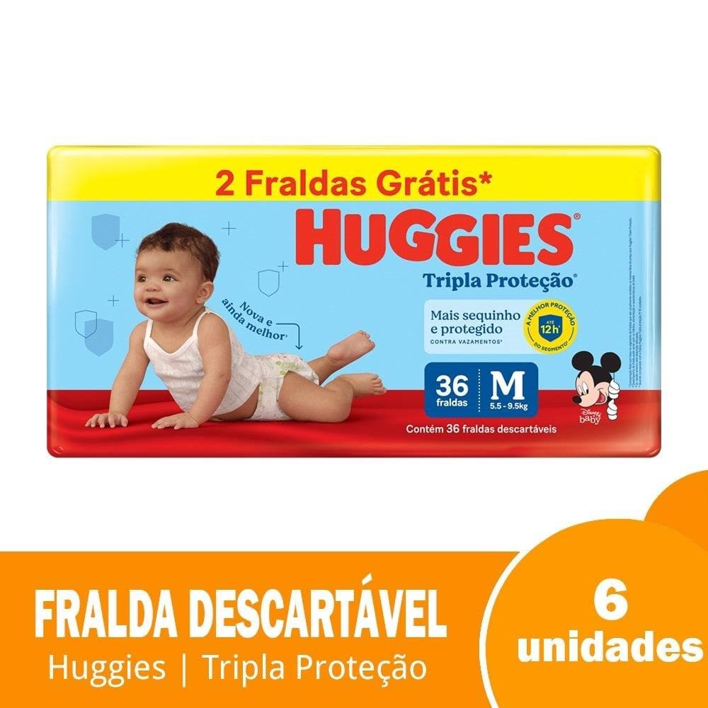 Fralda Descartável Huggies Tripla Proteção Mega Tamanho M - 6 Pacotes com 36 Fraldas - Tot 216 Trs| Leve 2 Trs Grts