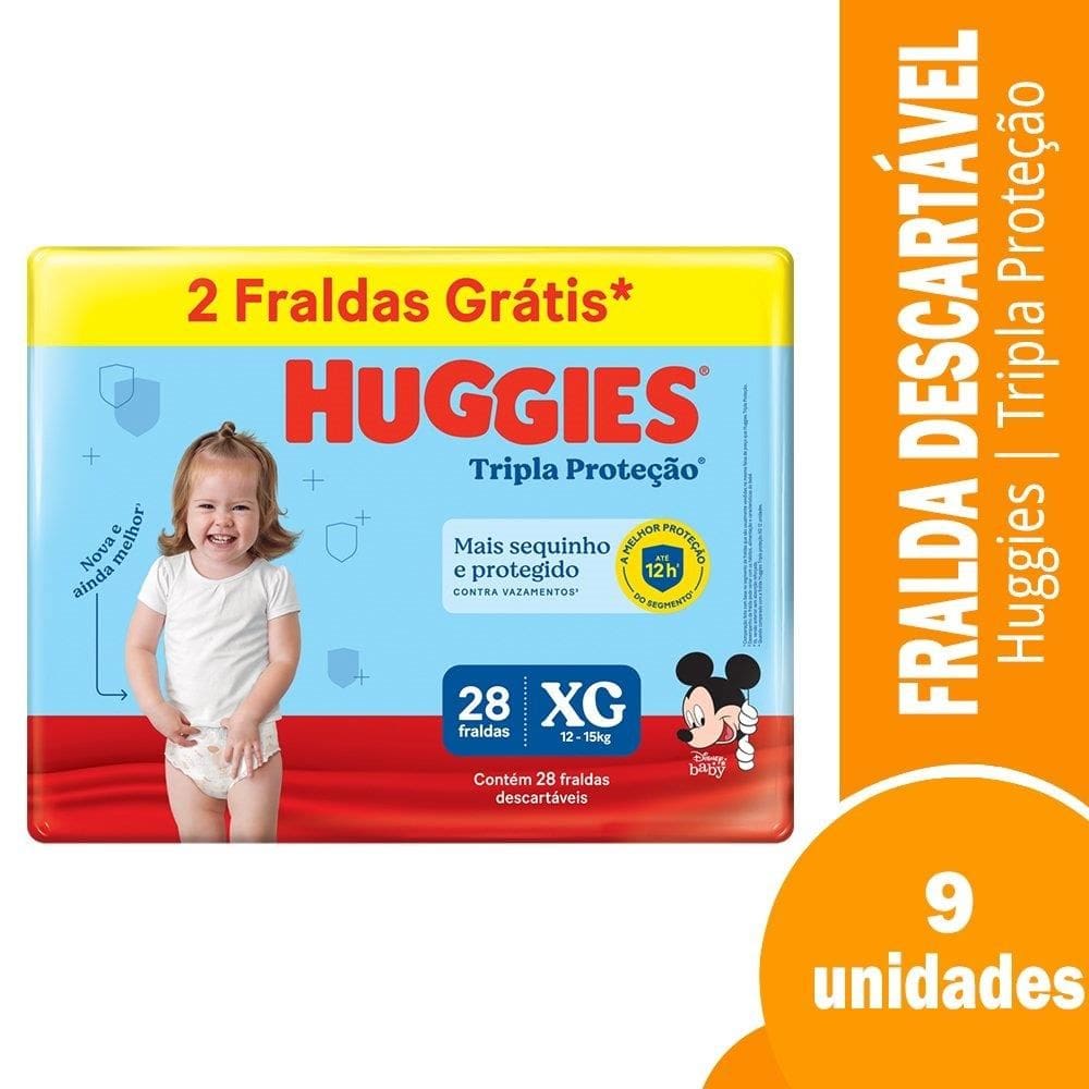 Fralda Descartável Huggies Tripla Proteção Mega Tamanho XG - 9 Pacotes com 28 Fraldas - Total 252 Trs| Leve 2 Trs Grts