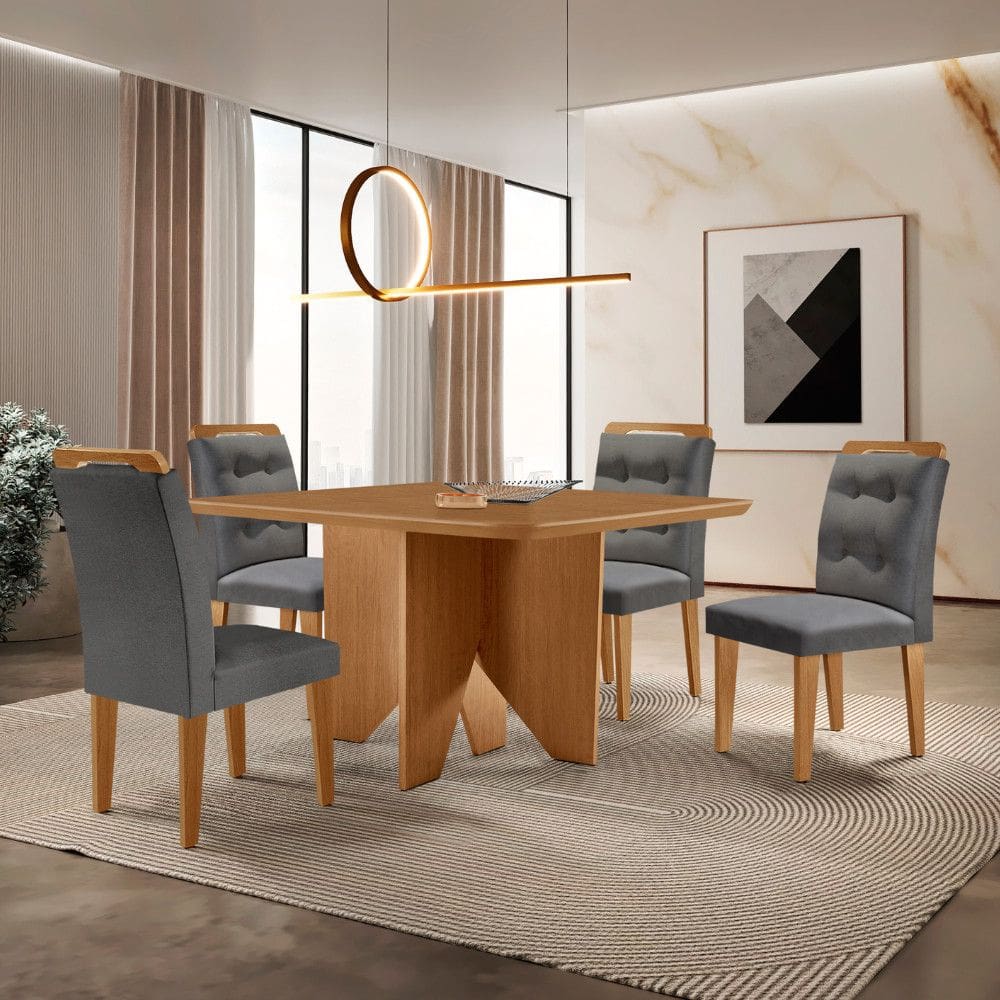 Mesa de Jantar Evora 90cm MDF Canto copo e 4 Cadeiras Carol