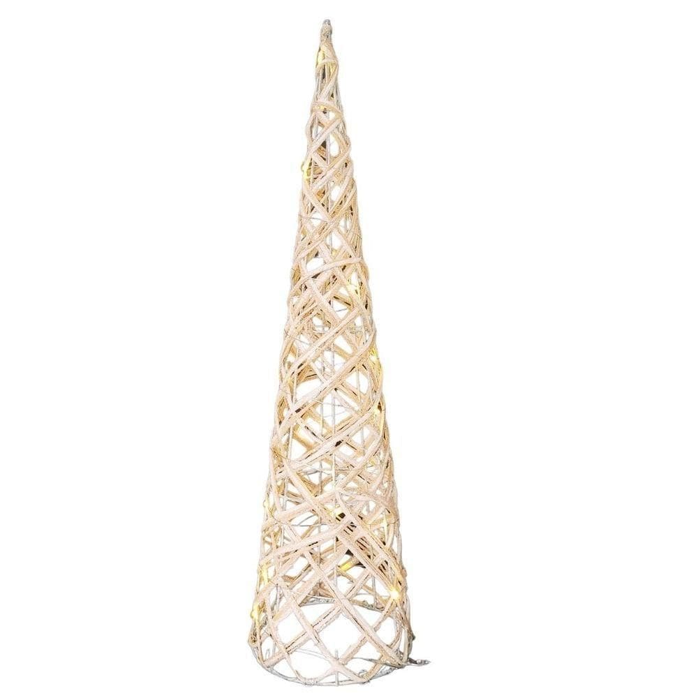 Árvore Cone Aramado Rattan Rústico 60cm Bege E Branco Iluminada Led 20 Lâmpadas - Magizi