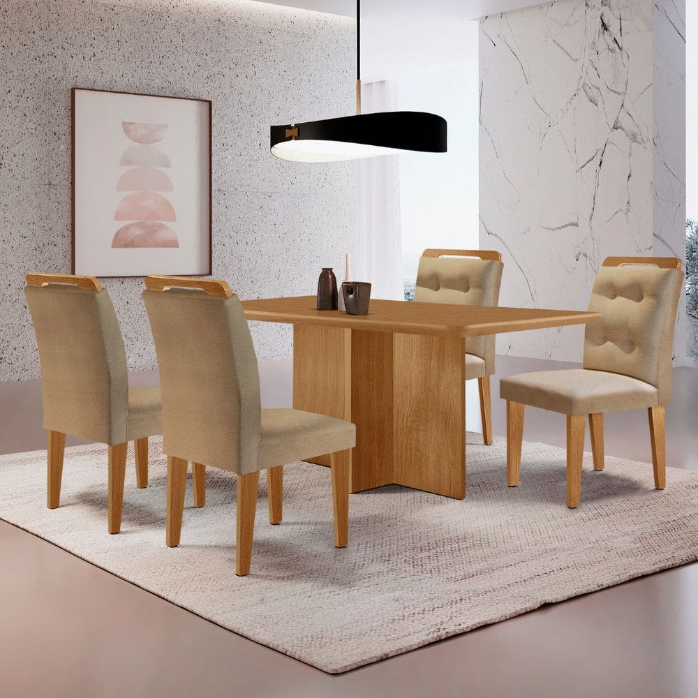 Mesa de Jantar Olímpia 120cm MDF Canto copo e com 4 Cadeiras Carol