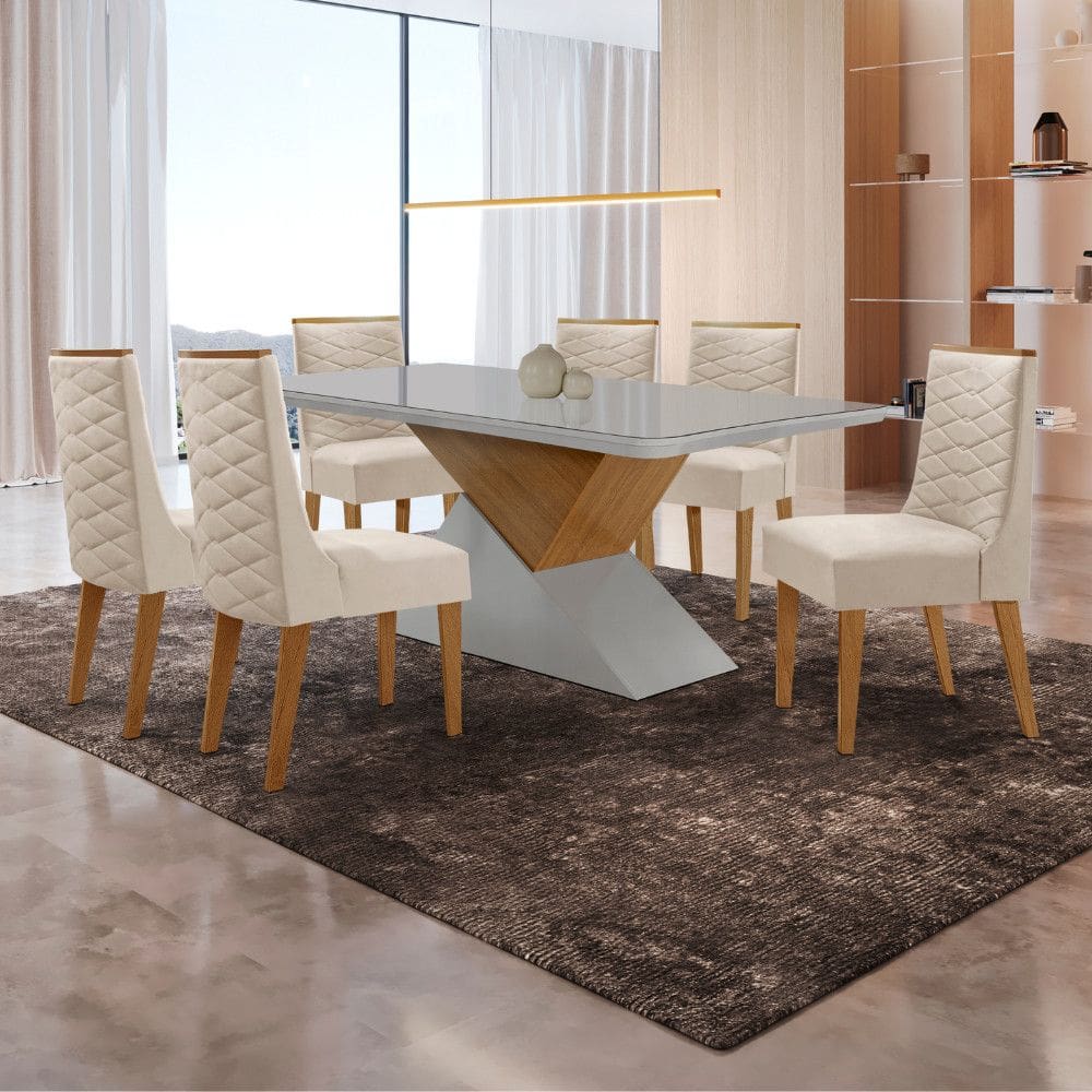 Mesa para Sala de Jantar Aster 180cm MDF Canto Copo com Vidro e 6 Cadeiras Safira