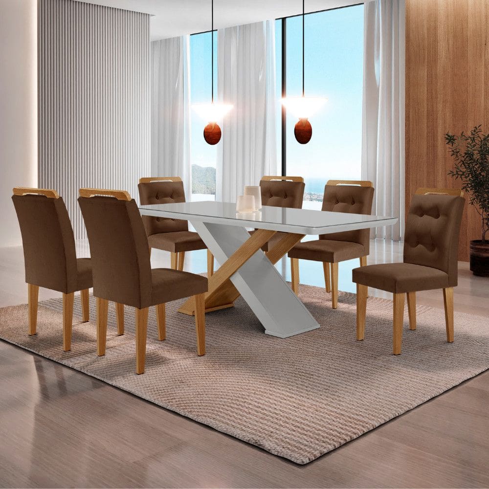 Mesa para Sala de Jantar Carol 180cm MDF Canto Copo com Vidro e 6 Cadeiras Carol