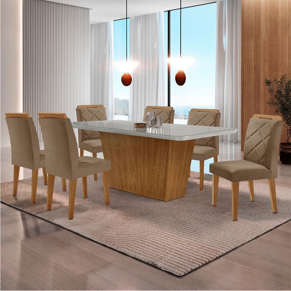 Mesa para Sala de Jantar Aida 180cm MDF Canto Copo com Vidro e 6 Cadeiras Melissa