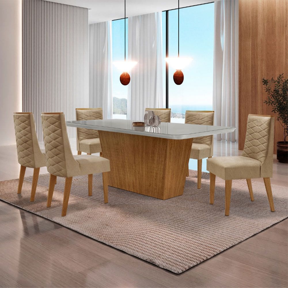 Mesa para Sala de Jantar Aida 180cm MDF Canto Copo com Vidro e 6 Cadeiras Safira