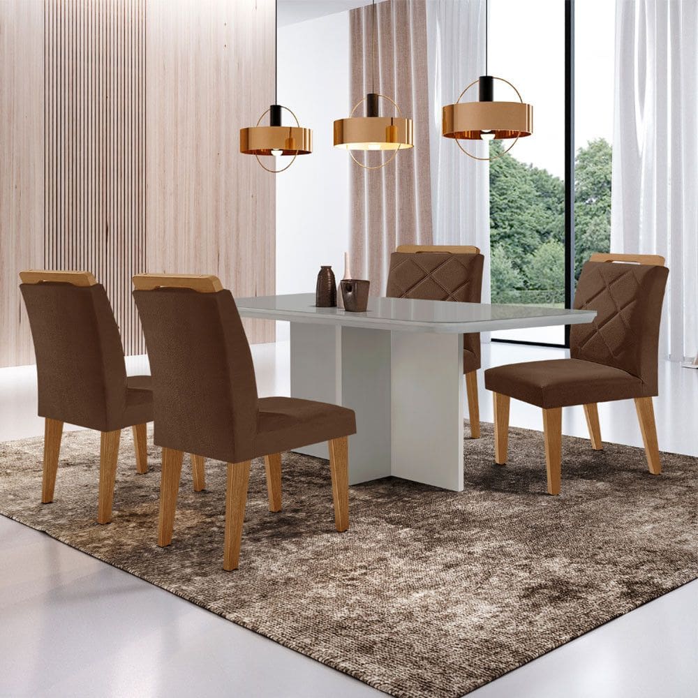 Mesa para Sala de Jantar Olímpia 120cm MDF Canto Copo com Vidro e 4 Cadeiras Melissa