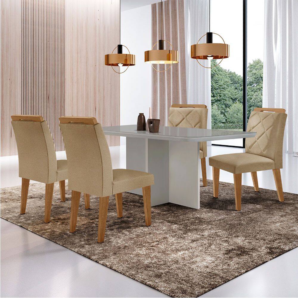 Mesa para Sala de Jantar Olímpia 120cm MDF Canto Copo com Vidro e 4 Cadeiras Melissa