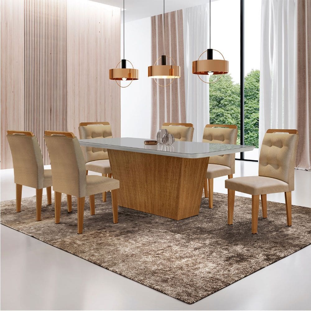 Mesa para Sala de Jantar Aida 180cm MDF Canto Copo com Vidro e 6 Cadeiras Carol