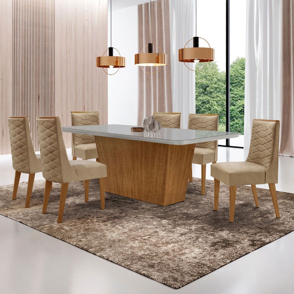 Mesa para Sala de Jantar Aida 180cm MDF Canto Copo com Vidro e 6 Cadeiras Safira