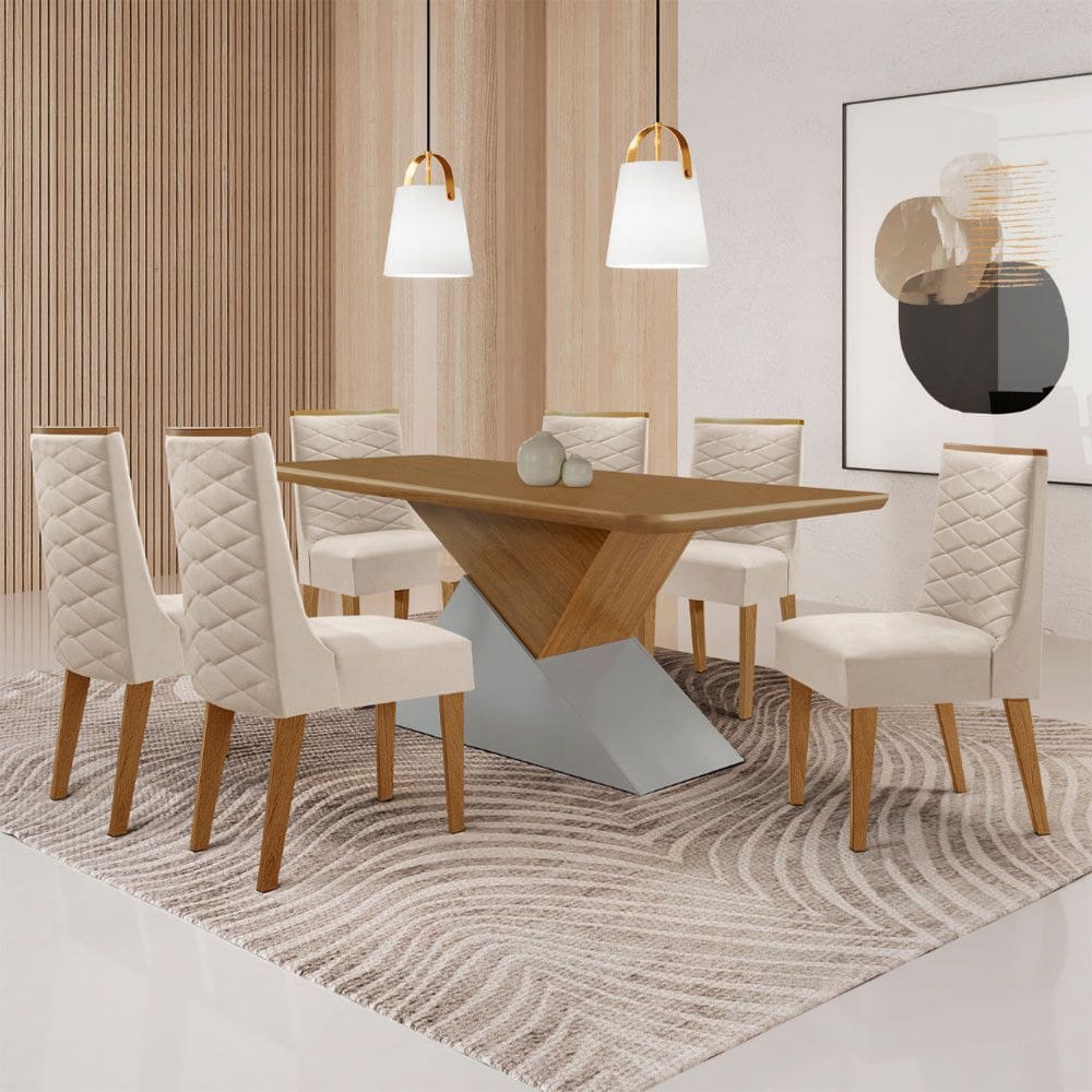 Mesa para Sala de Jantar Aster 180cm MDF Tampo Laminado Canto Copo e 6 Cadeiras Safira
