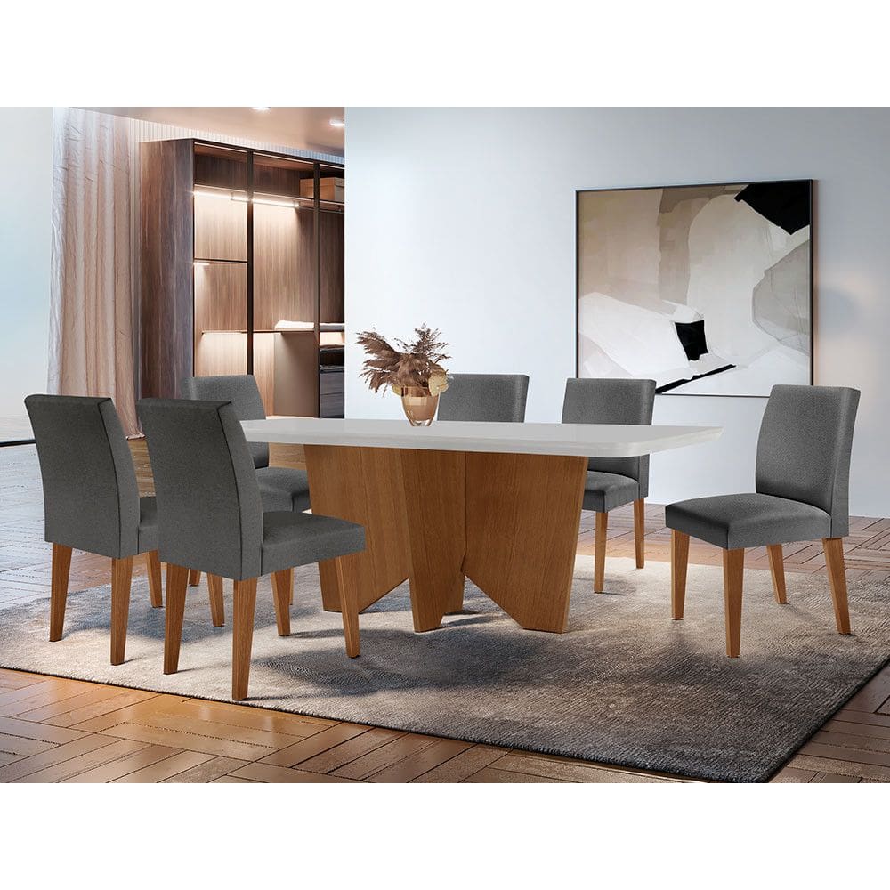 Sala de Jantar Mesa Evora 180cm MDF Canto Copo com 6 Cadeiras Grécia Rufato