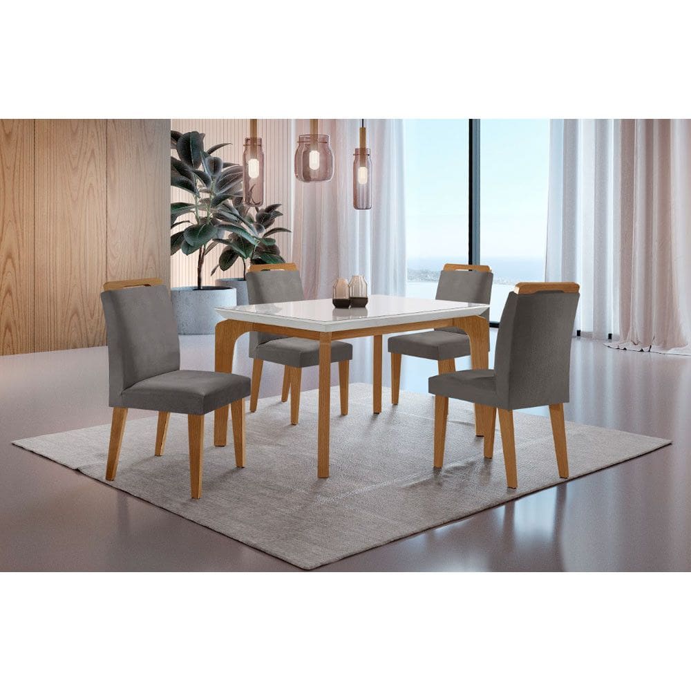 Conjunto Sala de Jantar Mesa Liz 120cm com Vidro Canto Reto e 4 Cadeiras Athenas Moderna