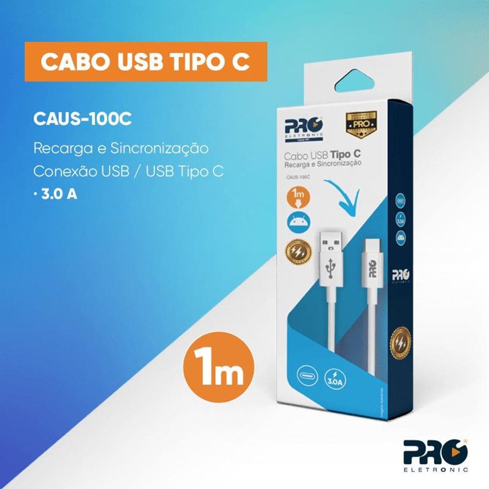 Cabo Usb Tipo C Para Celular Smartphone Com 1 Metro - Caus-100c Proeletronic [F083]