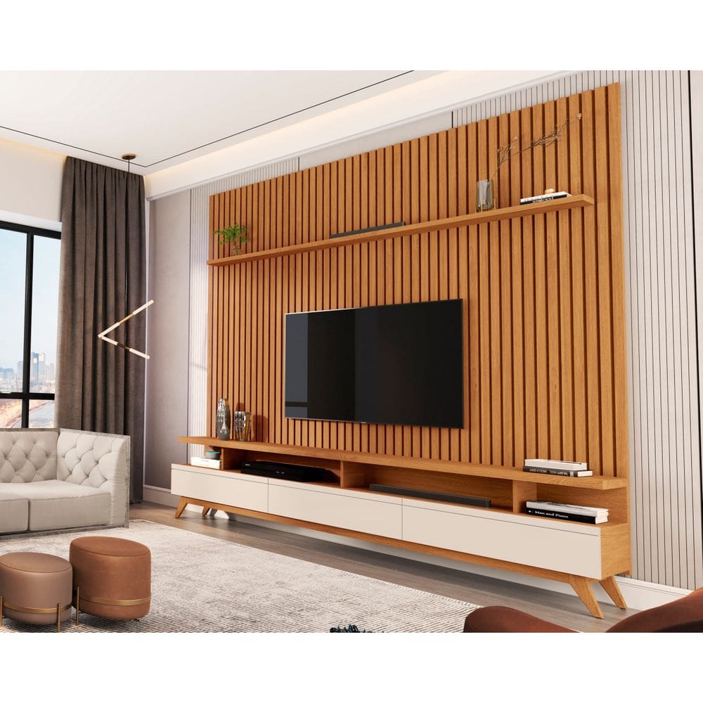 Rack Vivare 2.2 Wood Com Painel Para TV Até 85 Polegadas Versátil Ripado Verdadeiro 2.2x2.2 Nature/Off White Giga Móveis