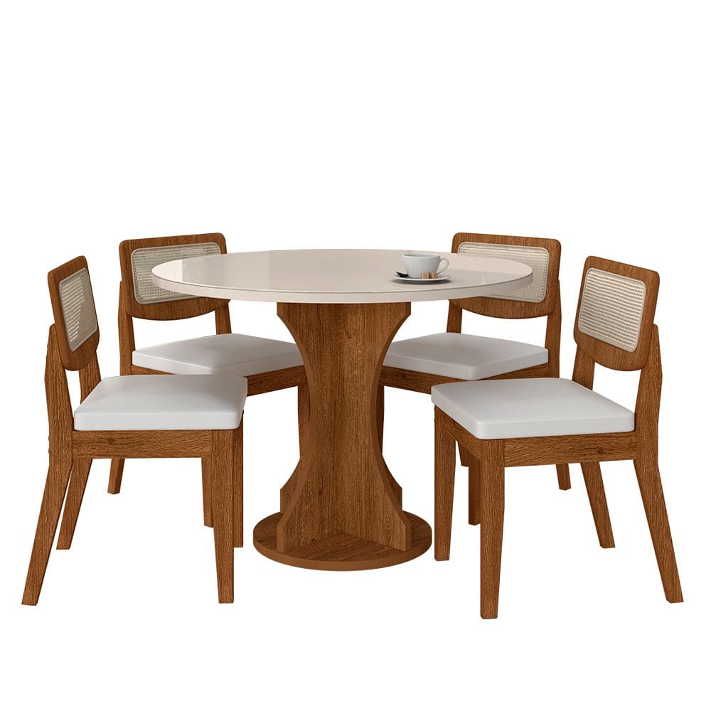 Mesa Com 4 Cadeiras Redonda C/vidro Santorini Fre/off/corino Bco - M.a