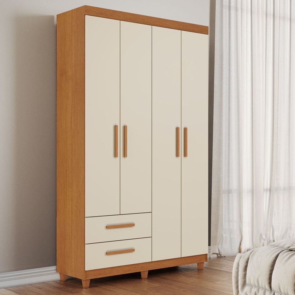 Guarda Roupa Solteiro 4 Portas 2 Gavetas Califórnia Cinamomo/Off White