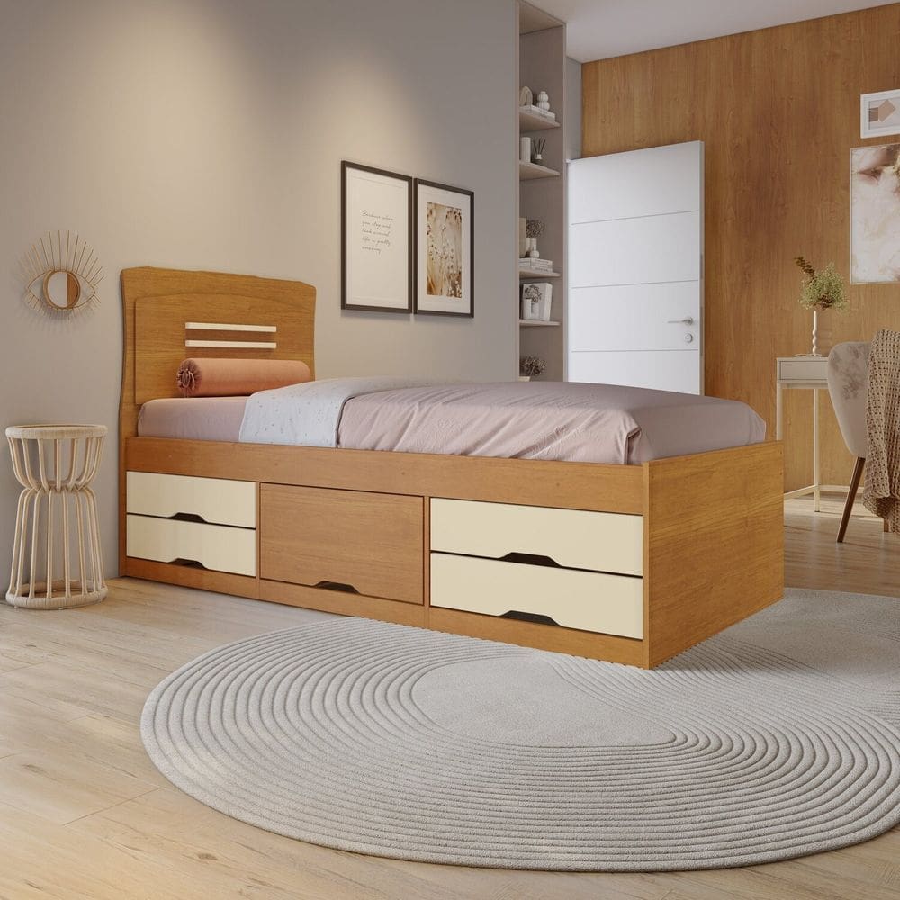 Cama Solteiro 5 Gavetas para Quarto Cinamomo/Off White