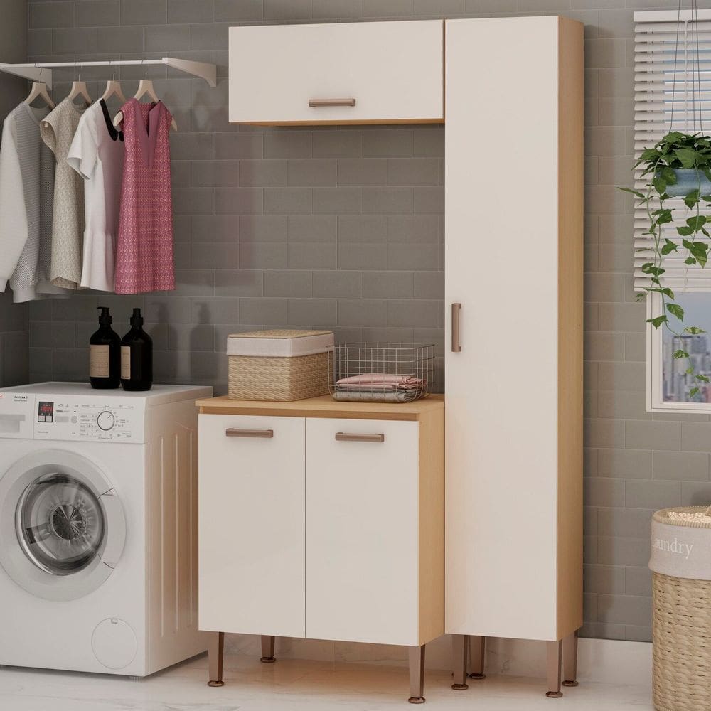 Lavanderia Modulada 3 Peças, 1 Armário Alto, 1 Aéreo de 70cm e Balcão de 70cm Essência 100% MDF Freijó