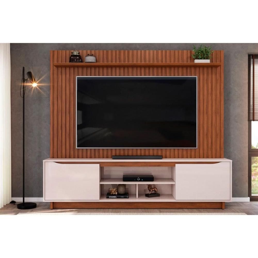 Home p/ TV até 70 Polegadas Enzo c/ Prateleira Nichos e Pés 200x188cm Freijó/Off White - DJ Móveis
